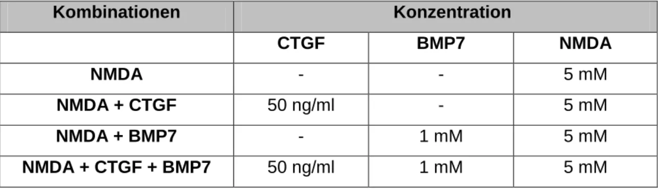 Tabelle 3-21:  Übersicht der Kombinationsbehandlungen von CTGF und  BMP7 an RGZ-Zellen im NMDA- NMDA-Schadensmodell 