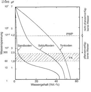 Fig. 7  Water  potential  curves  of  different  soils  (cmWS  =  Centimeter  Water  column  (equivalent  to  0.1  kPa);  FK  =  Field  capacity;  PWP  =  Permanent  Wilting  Point)  (Scheffer und Schachtschabel 1998, S.189) 