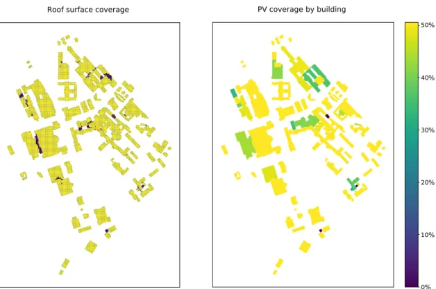 Figure 5. Roof surfaces selected for PV placement based on a minimum threshold of 800 kWh/m 2 /yr (left) and area of PV installed per unit area of roof surface for each building based on a minimum threshold of 800 kWh/m 2 /yr (right).