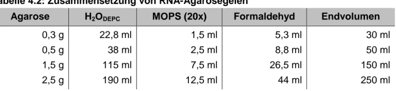 Tabelle 4.2: Zusammensetzung von RNA-Agarosegelen 