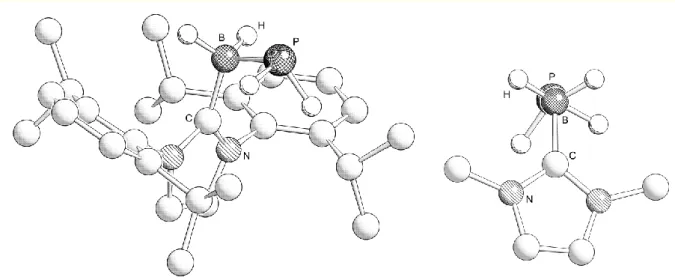 Abbildung 32:  Molekülstruktur  von  5  im  Festkörper  (links)  und  Darstellung  der  Konformation mit Blick entlang der B–P-Bindung (rechts)