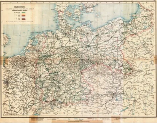 Abbildung 1 zeigt mit dem weitestgehend gleichwertig und zugleich engmaschig ausgebreite- ausgebreite-ten Schienennetz von 1890 die für Deutschland typische Struktur der Verkehrsnetze auf