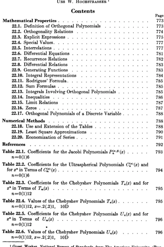 Table  22.1.  Coefficients  for  the  Jacobi  Polynomials  Ppfl)(z)  ..... 