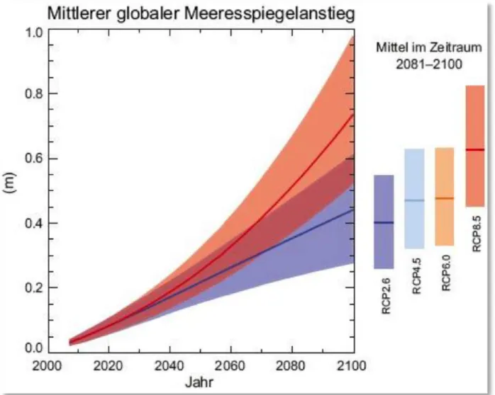 Abbildung B1.04 Meeresspiegelanstieg bis 2100 nach verschiedenen RCP-Szenarien   (nach IPCC AR5) 