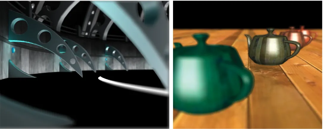 Figure 39-12 shows a simple scene rendered with approximate depth of field, so that objects far from the focal length are blurry, while objects at the focal length are in  fo-cus