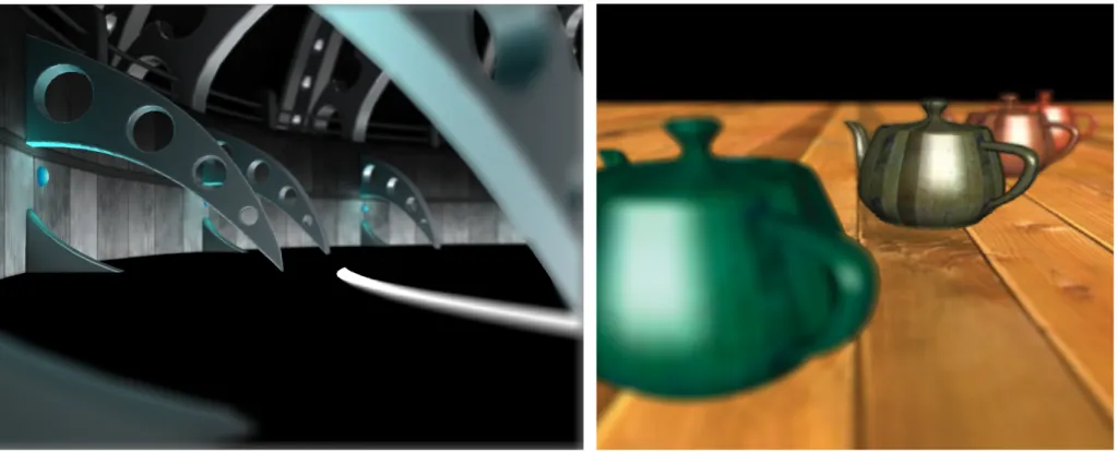 Figure 39-12 shows a simple scene rendered with approximate depth of field, so that objects far from the focal length are blurry, while objects at the focal length are in  fo-cus