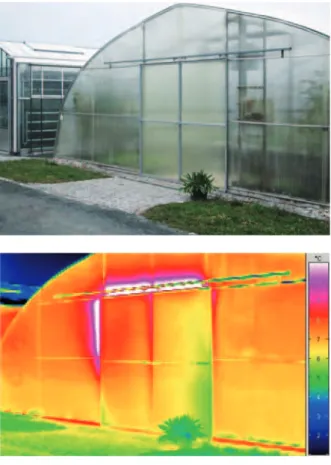 Abb. 8 a + b: Detektion von Schwachstellen in den Außenhüllen der Gewächshäuser im ÖBG mittels Thermografie