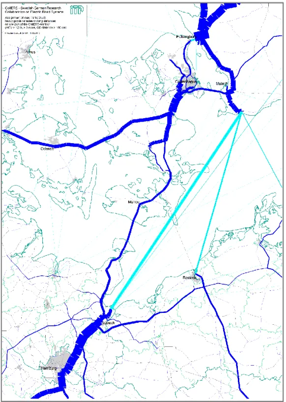 Figure 6: Assignment of road traffic 2050 – HGV (weight &gt; 12 t, &gt; 3 axles, OD-trip-distance &gt; 100 km)  on any part of the CollERS-corridor (source: own work Intraplan) 