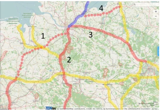 Figure 7: ERS Corridor route and adjoining TEN-T corridors in Germany (source: own work Öko-Institut  based on Ref
