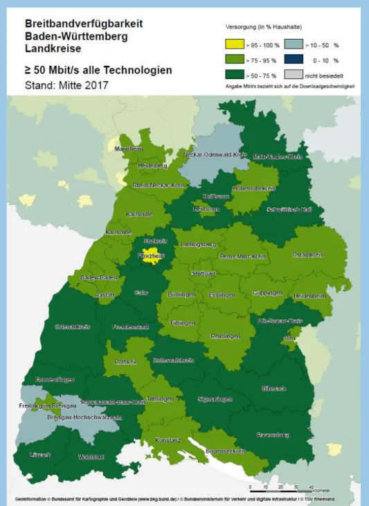 Abbildung 2: Breitbandverfügbarkeit Baden-Württemberg, ≥ 50 Mbit/s über alle Technolo- Technolo-gien 