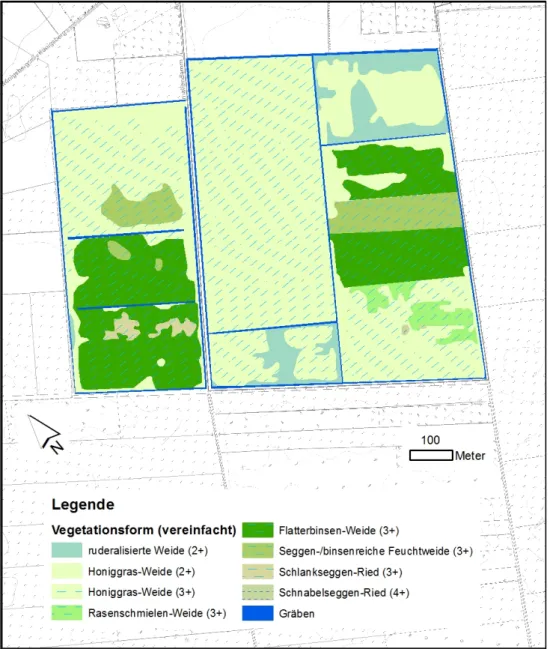 Abbildung 4: Vegetation des Projektgebietes (mit Angabe der Wasserstufen) im Ausgangs-  zustand (vereinfacht nach Planungsbüro Mordhorst-Bretschneider GmbH, 2014) 