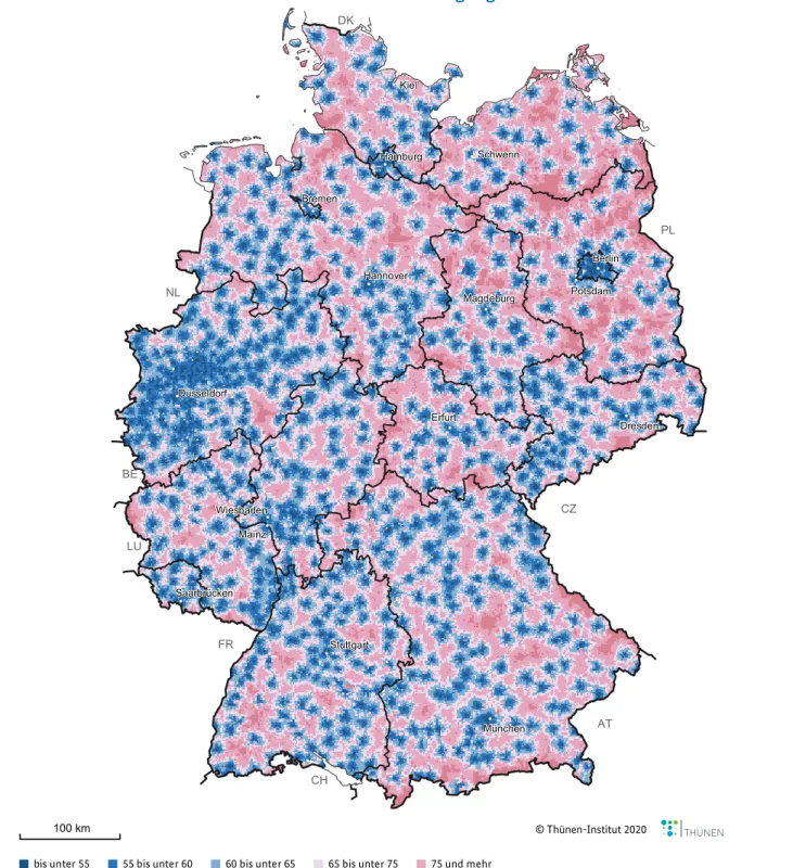 Abbildung 18:  Erreichbarkeit von Krankenhäusern der Grundversorgung – Pkw-Fahrzeit zum  nächsten Krankenhaus mit Grundversorgung im Jahr 2016 in Minuten