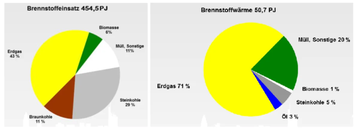 Abbildung 3:  Brennstoffeinsatz in der Fernwärme in 2017  links: Heizkraftwerken, rechts: Heizwerke 