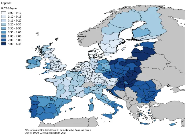 Abbildung 20: Auswirkungen der kohäsionspolitischen Programme 2014-2020  auf das BIP der EU-Länder in 2030 (in % über des BIP-Basiswerts, geschätzt  nach RHOMOLO)  