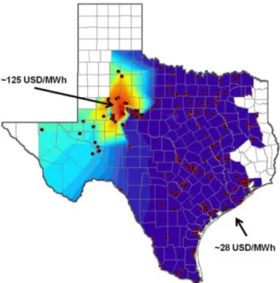 Abbildung 1: Preise in Texas, einem Knotenpreissystem mit ca. 12.000 Netzknoten. Die Farbskala zeigt  den aktuellen lokalen Strompreis