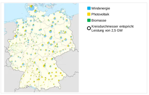 Abbildung 3.5: Regionale Verteilung der ansteuerbaren EE-Anlagen in Deutschland, dargestellt an Umspannwerken im Übertragungsnetz