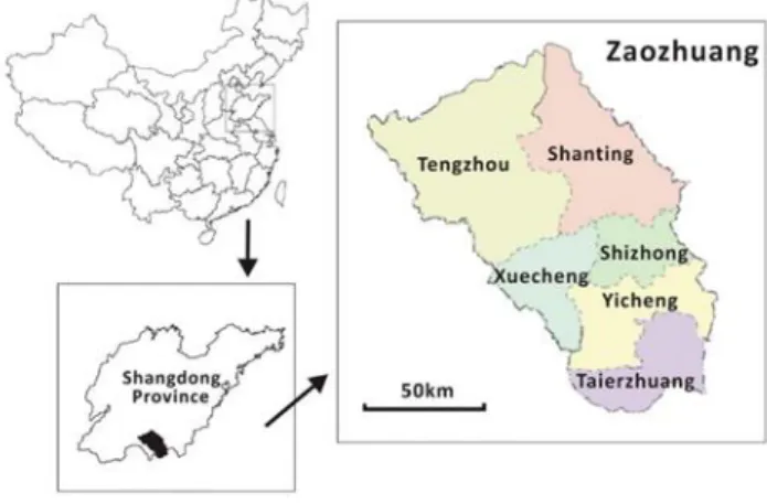 Abbildung 10: Lage der Provinz Shandong und der bezirksfreien Stadt Zaozhuang (mit ihren 6 Bezirken) 