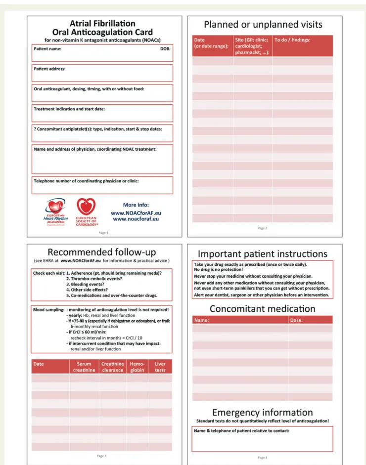 Figure 1 European Heart Rhythm Association universal NOAC anticoagulation card. A patient information card is crucial, both for the patient (instructions on correct intake; contact information in case of questions) as for healthcare workers (other caretake