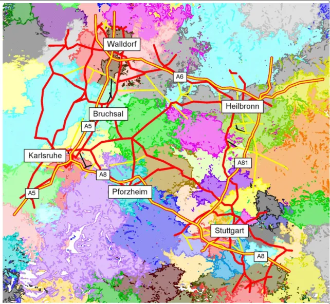 Abbildung 2:  Location Areas und Verkehrsnetz im Untersuchungsgebiet. 