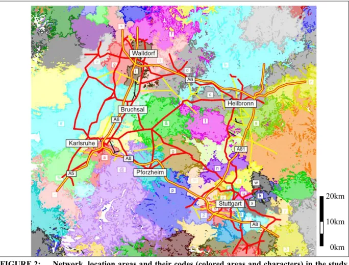 FIGURE 2:  Network, location areas and their codes (colored areas and characters) in the study  area in South-West Germany