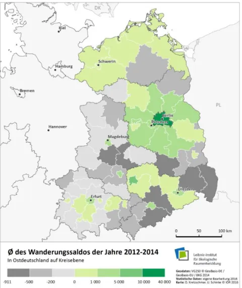 Abbildung 6: Durchschnittlicher Gesamtwanderungssaldo von 2012 bis 2014 in Ostdeutschland auf  Kreisebene 