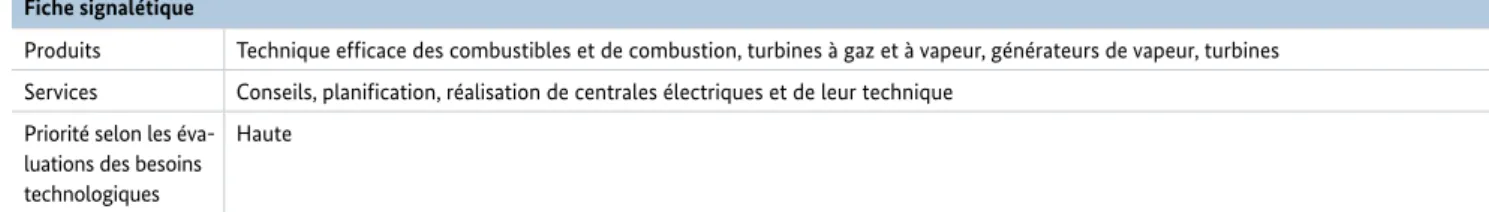Tableau 5 : Fiche signalétique du champ de besoins « production d’énergie à partir de sources fossiles à faibles émissions »