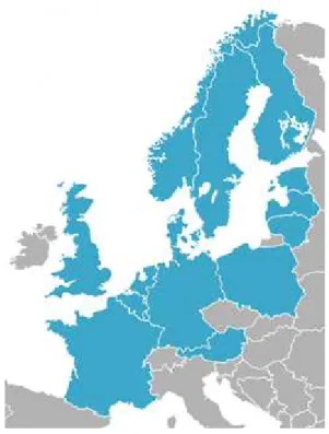 Abbildung 8: Marktgebiet der nordwesteuropäischen Marktkopplung (blau). Quelle: Eigene  Darstellung