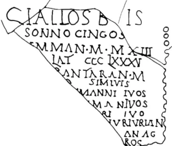 Abb. 5: Der Anfang des zweiten Schaltmonats im  Coligny-Kalender. Monatsname ist wahrscheinlich  Rantaran (oder Bantaran) in der fünften Zeile, denn  dahinter steht ein M (wohl für matus) und ab der  nächsten Zeile beginnen die täglichen Notationen