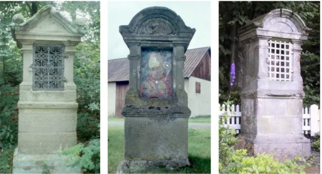 Abbildung 1: Die drei barocken Bildstöcke auf dem Assinghauser Grund mit Sichtverbindung zu den  Bruchhauser Steinen: St