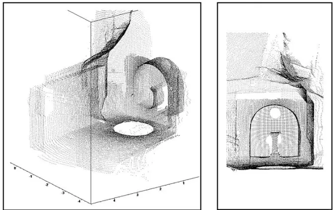 Abb. 4: Zwei Darstellungen einer Auswahl von Datenpunkten des hochauflösenden Laserscans aus dem  Sazellum im Turmfelsen der Externsteine