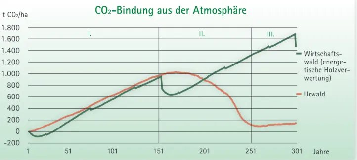 Tab. 1: Vergleich der CO 2 -Effekte eines Urwaldes und eines Wirtschaftswaldes über 300 Jahre (in Tonnen) Ausstoß  (t CO 2 ) Bindung (t CO 2 ) Substitution (t CO 2 ) Senkenleistung (t CO 2 )