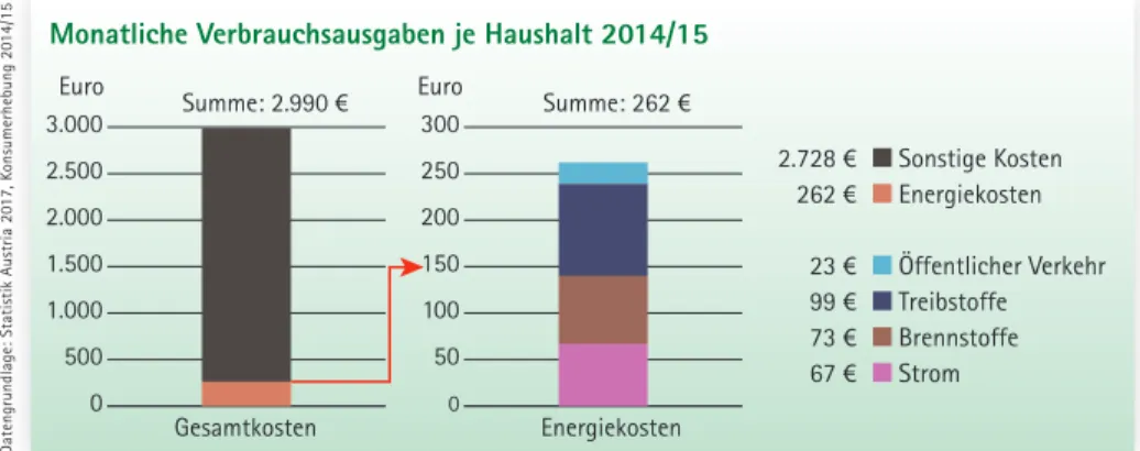 Abb. 1: Der Anteil der Energiekosten (inklusive Treibstoffe) an den durchschnittlichen monatlichen Haushaltsausga- Haushaltsausga-ben beträgt weniger als 10 %; innerhalb der Energiekosten dabei entfällt der größte Anteil auf die Mobilität.