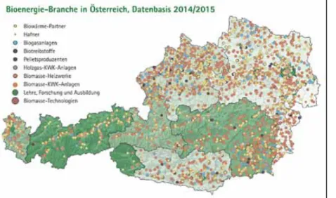 Abbildung 3: Die Biomasse-Landkarte dokumentiert die regionale Verbreitung der Branche und zeigt  die volkswirtschaftliche Bedeutung der Bioenergie in Österreich