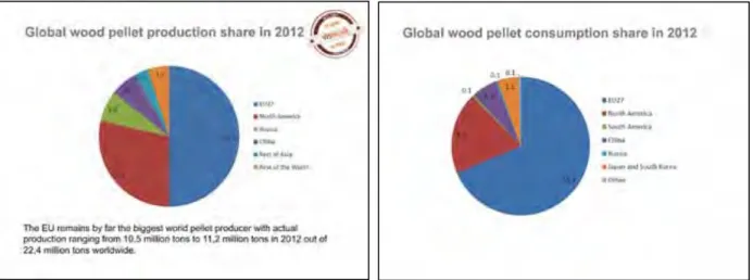 Abbildung 2  und 3: Anteile der weltweiten Produktion und des  weltweiten Verbrauchs  von Pellets im  Jahr 2012, Angaben in Tonnen (AEBIOM Bioenergy Outlook 2013)  