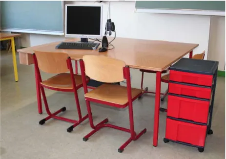 Abbildung 4: Rote Arbeitsgruppe mit PC, Bildschirm, Stühlen und  Trolley für die Werkzeuge 