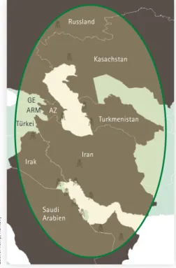 Abb. 2: Die strategische Energieellipse: Über 70 % der ge- ge-sicherten weltweiten Ölreserven und über 40 % der  Gas-vorräte befinden sich in den Regionen um den Persischen  Golf und das Kaspische Meer.