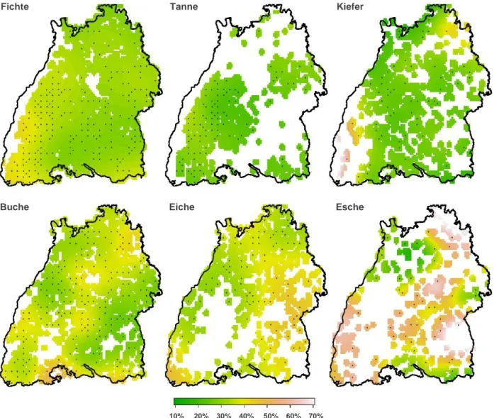 Abb. 18: Räumliche Verteilung der Nadel-/Blattverluste der Hauptbaumarten Baden-Württembergs, altersbereinigt  auf das mediane Alter der jeweiligen Baumart  