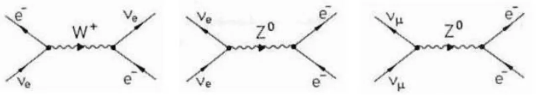 Abbildung 2: Streuung von allen Neutrinoflavours ¨uber den Austausch von Z 0 -Teilchen; Nur Elektronneutrinos k¨onnen auch ¨uber geladene Str¨ome schwach wechselwirken.