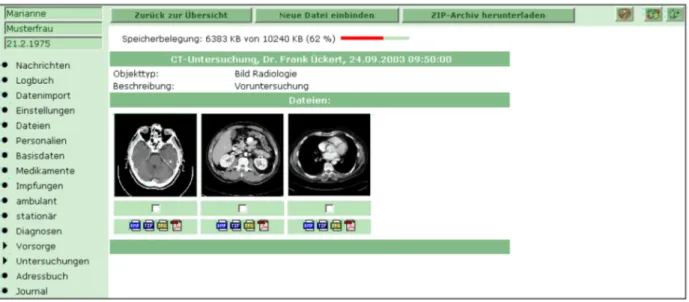 Figure 2: Detailed view of a multimedia data object (in this example DICOM radiology images) with thumbnail preview within akteonline.de.