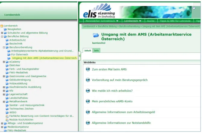 Abb. 1: Die elis-Oberfläche: Ausschnitte aus dem Lernbereich in der Ansicht für Lernende (Screenshot) 