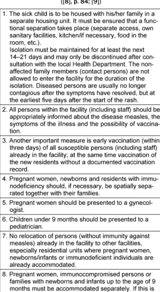 Table 1: Immediate response to the occurrence of measles in a reception facility, modified as recommended by the LGL