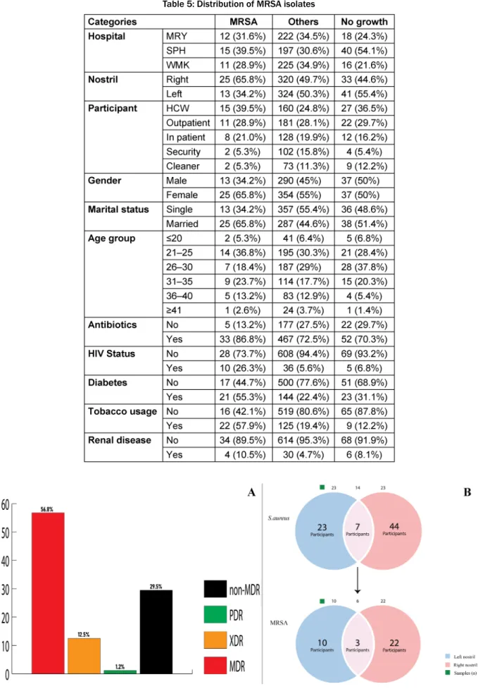 Figure 7: (A) Bar graph of the percentage distribution of multidrug-resistant Staphylococcus aureus (MDR), extended-drug-resistant S