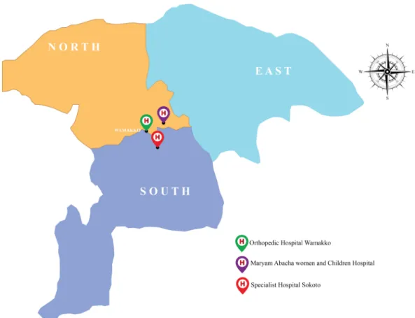 Figure 1: Map of Sokoto State showing Maryam Abacha Women’s and Children’s Hospital (purple: Sokoto North) and Specialist Hospital (red: Sokoto South), Orthopedic Hospital Wamakko (green)