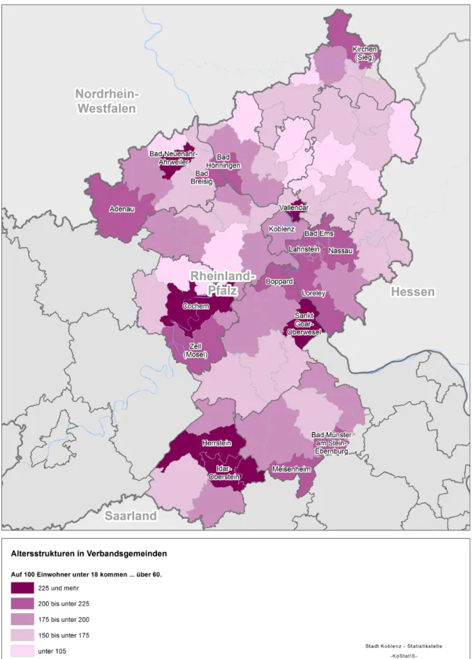Abb. 2.23: Altersstrukturen 2015 in den Verbandsgemeinden und in den verbandsgemeindefreien Städten im Umland von Koblenz