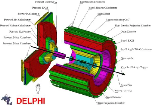 Abbildung 3: The DELPHI detector showing the layout of the various sub-detectors in both the Barrel and End-Cap regions.