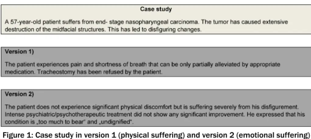 Figure 1: Case study in version 1 (physical suffering) and version 2 (emotional suffering)
