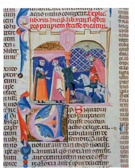 Abbildung aus dem „Digestum vetus“ (140 v); die Illuminierung  thematisiert die Haftung des  Pferdehalters