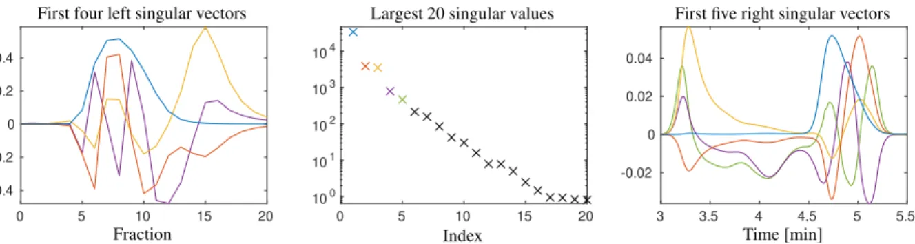 Figure 4: The dominant singular values and associated singular vectors by an SVD of the matrix underlying data set 2