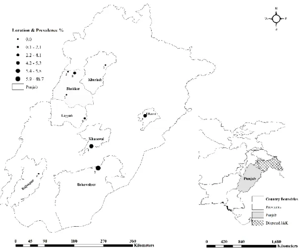 Figure 1. Geographical representation of the small ruminant farms tested for  brucellosis in Punjab, Pakistan 