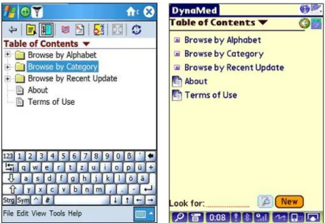 Abbildung 1: Die EBM-Datenbank DynaMed am PDA. Über &#34;Table of Contents&#34; werden mehrere Wege angeboten den Inhalt der Datenbank zu durchsuchen (PocketPC links, Palm rechts).